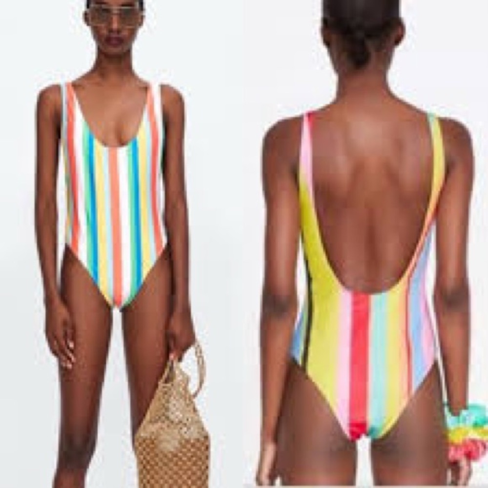 ZARA Rainbow Stripe Scoop Back One-Piece Swimsuit | Size Large 🌈